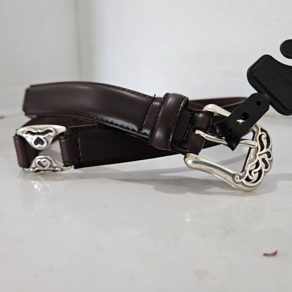 Ritz Brown Leather Belt With Silver Heart Buckle & Detailing Medium Women NEW